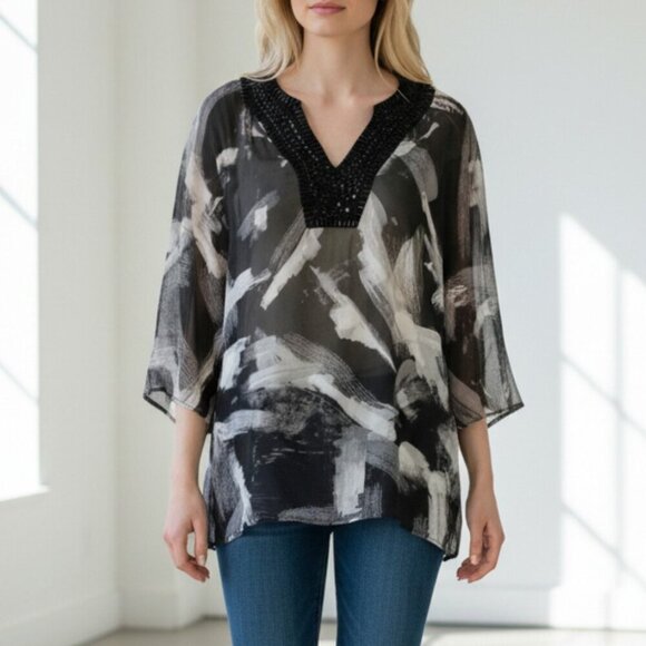 Chico's Tops - Chico's Women Blouse Blk/White Dolman Sleeve Sheer Silk Sparkle Neck Sequin Sz 1